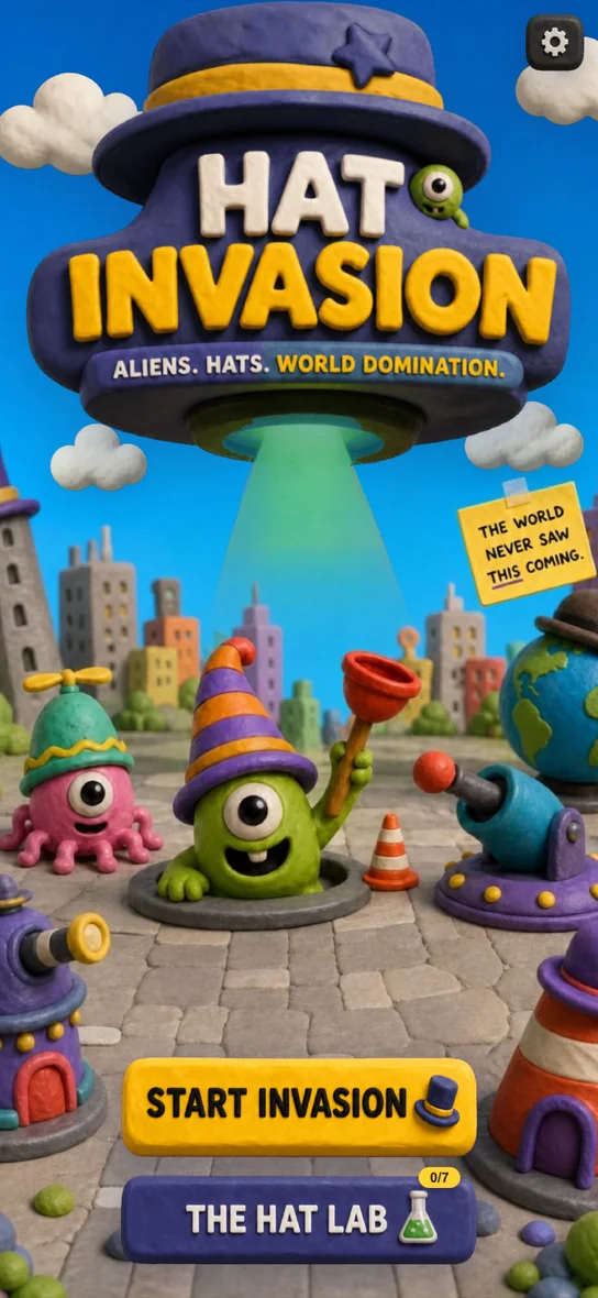 The Hat Invasion title screen: clay aliens in party hats rise from the street beneath a flying top hat.